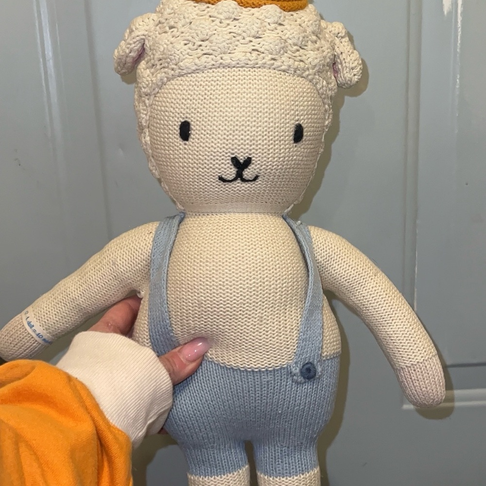 Adorable Knit Lamb Toy with Blue Overalls
